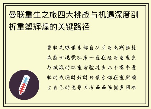 曼联重生之旅四大挑战与机遇深度剖析重塑辉煌的关键路径 曼联重生之旅四大挑战与机遇深度剖析重塑辉煌的关键路径