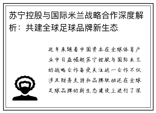 苏宁控股与国际米兰战略合作深度解析：共建全球足球品牌新生态