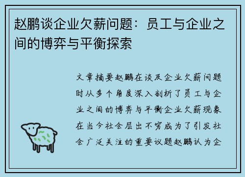 赵鹏谈企业欠薪问题：员工与企业之间的博弈与平衡探索